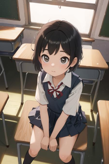 masterpiece,best quality,1girl,school uniform,sitting,class room,from above ,black short hair