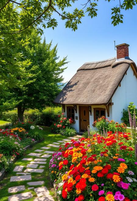 A serene and picturesque scene of a charming cottage nestled in a lush, vibrant garden. The cottage features a thatched roof and white walls, with rustic wooden beams adding to its quaint and cozy appearance. The garden surrounding the cottage is bursting with color, filled with a variety of flowers in full bloom—bright reds, oranges, pinks, and whites create a stunning contrast against the greenery. A stone pathway winds through the garden, leading to the inviting wooden front door of the cottage. Tall trees with dense foliage frame the scene, providing shade and a sense of tranquility. The background hints at distant rolling hills under a clear blue sky, completing this peaceful and idyllic countryside setting.
