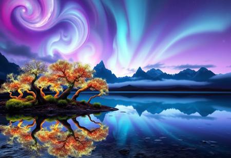 A breathtaking scene of a surreal landscape that blends the beauty of nature with abstract, dreamlike elements. The foreground features a crystal-clear, reflective lake that mirrors a sky filled with vibrant, swirling auroras in shades of purple, blue, and green. On the shore of the lake, unusual, glowing trees with twisted, spiraling branches reach out towards the heavens, their leaves shimmering in a spectrum of colors. In the distance, towering, otherworldly mountains with jagged peaks rise into the sky, partially obscured by wisps of ethereal mist. The entire scene is bathed in a soft, glowing light that enhances the vivid colors and gives the image a mystical, almost otherworldly feel. The horizon is a mix of deep purples and blues, creating a sense of infinite depth and wonder