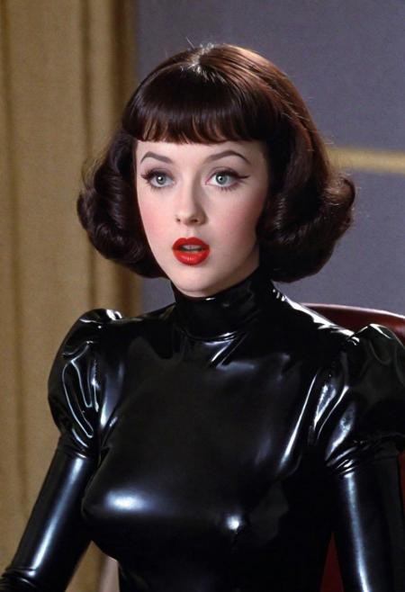 medium full shot cinematic film still by George Lucas of (young:1.5) Hedy Lamarr, 18 year old, surprised, innocent, naive, short front bangs, short bob hairstyle, black latex outfit, seated on a design chair, cornea reflections, detailed skin texture, subsurface scattering, transluscent skin, skin bump, skin pores, goose bump, skin fuzz, peach skin, vellus hair, indoors, depth of field, dramatic backlighting