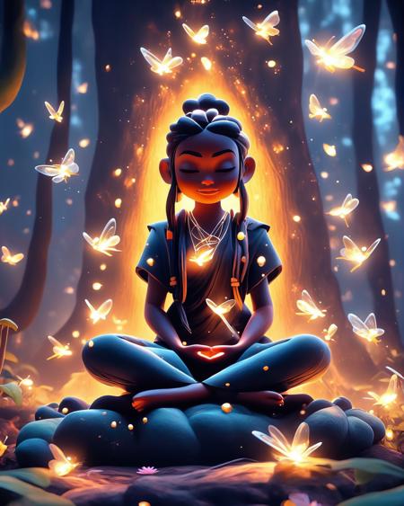 A full body portrait of Kena girl meditates surrounded by cute creatures in a magic forest, fireflies, volumetric light, high quality, 8k, oil painting, heavy strokes, paint dripping, unreal engine 5, RTX, ray tracing, high contrast