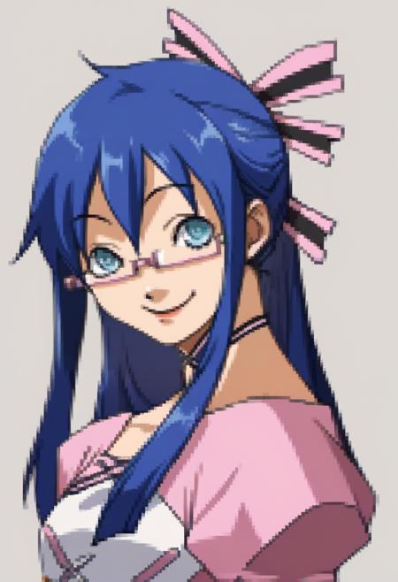 midoridesu, blue eyes, blue hair, long hair, glasses, hair ribbon pink dress, thighhighs, long sleeves, gloves