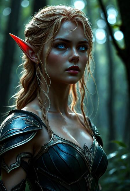 High resolution of ultra-realistic Beautiful Elven Archer girl, ultra-realistic body, perfect athletic body, Attractive Elf girl, artgem, WLOP, standing in the middle of a dark forest, beautiful Sadie Sink as Elf Archer girl, night of the full moon, realistic elven leather armour, defiant and seductive, covered in dirty and blood, cinematic colors Lighting, extremely detailed, 8K, wavy blonde hair, realistic dirty pale face, realistic blue eyes, beautiful Elf girl on in dark fantasy cool outfit, hyper-detailed, hyper-realistic, Attractive 21 old years Elf woman, Attractive, beautiful firm Breasts, wet and sweaty skin, Dark fantasy style, Dark fantasy atmosphere, sharp focus, digital painting, Photograph Taken on Nikon D750, Alphonse Mucha, 8K, athletic figure, Hyperdetailed, hyperrealism, attractive woman, beautiful woman of athletic body, Attractive bust girl, asymmetric balance
