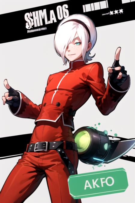 <lora:AshCrimson-09:0.7> ,ashkof, solo, simple background, gloves, 1boy, white hair, male focus, hairband, belt, pants, fingerless gloves, hair over one eye, parody, pointing, freckles, green background, style parody, red pants