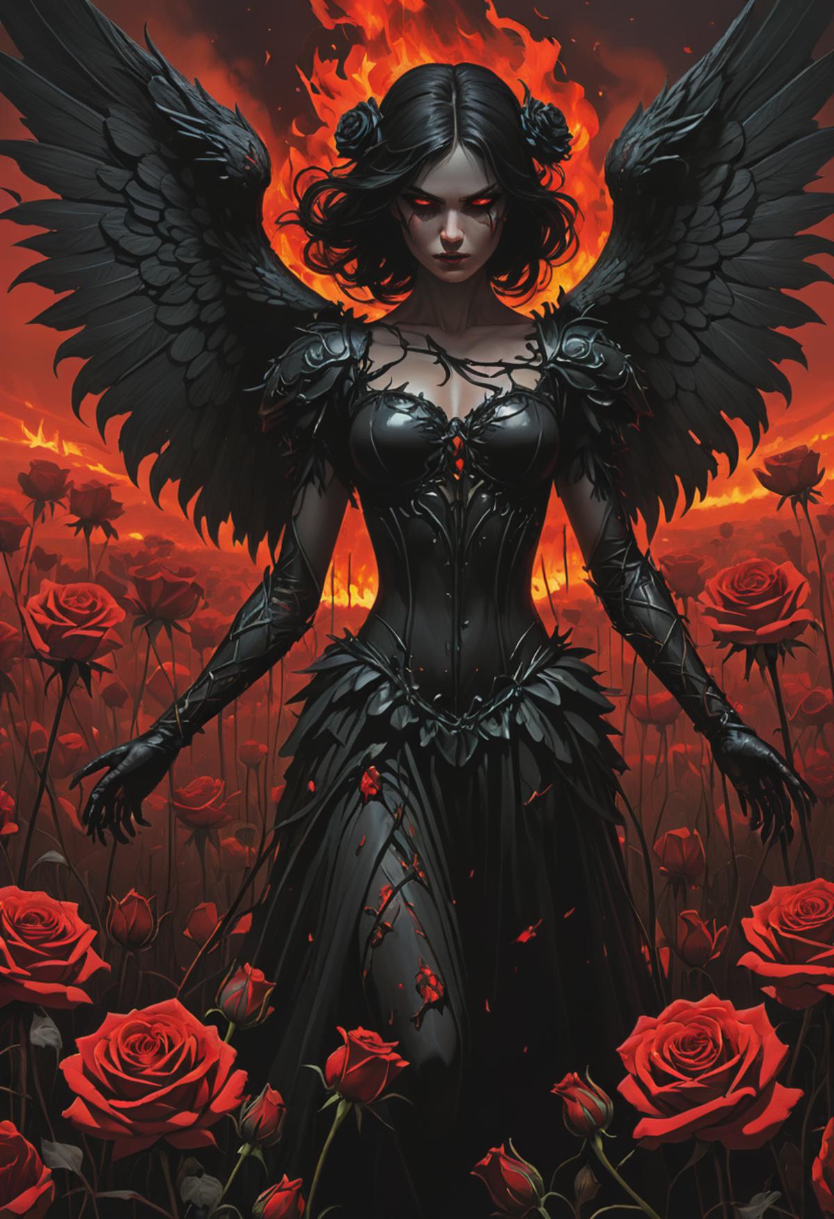Dark Fantasy Art of a Woman with Wings and Horns in a Black Dress.