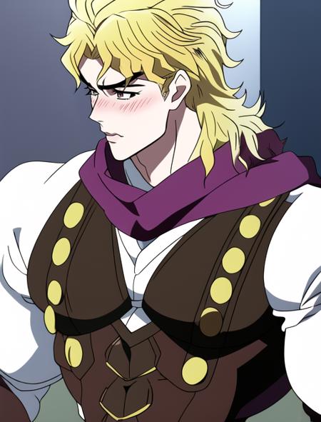 dio brando, looking away, anime screenshot, blonde, muscular, handsome, 1boy, male, blushing, diojojo, scarf, suspenders, masterpiece, best quality, ultra-detailed detailed, detailed digital artwork, hi res, araki hirohiko (style), jojo, <lora:Dio Brando (Phantom Blood):0.97> <lora:shy:0.78>