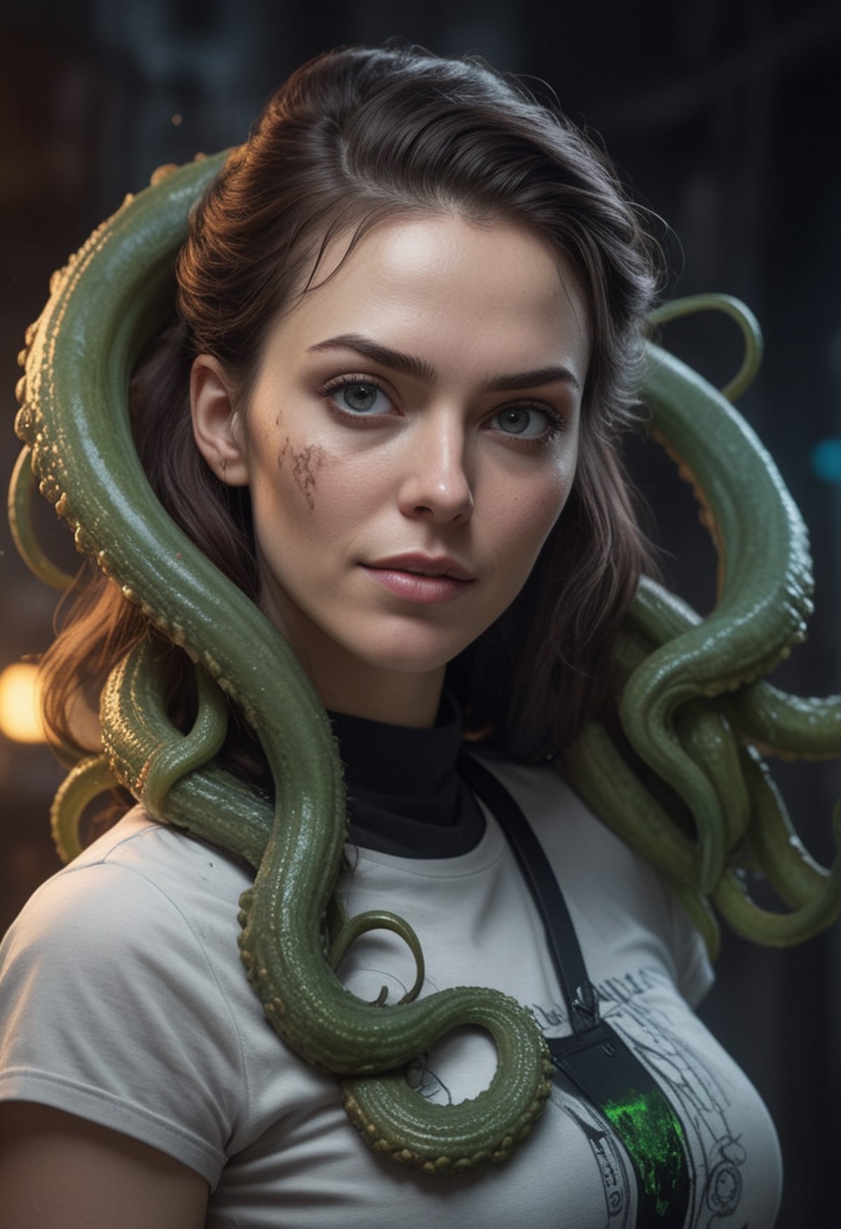 "Cosmic Eldritch Portrait: Photorealistic Cthulhu-Inspired Woman" - Picture a hyper-realistic RAW photo of a woman, blendi...