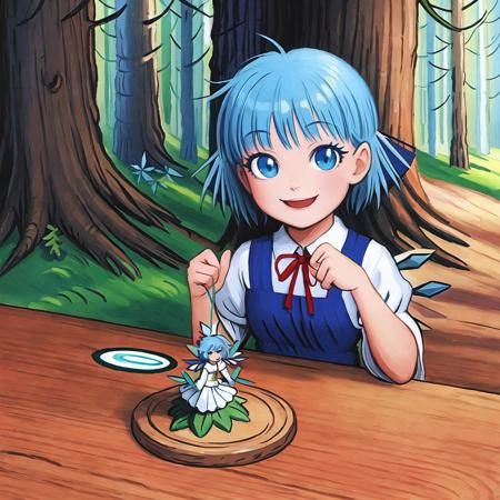 sut, award winning beautiful commission art, (masterpiece), (highest quality), cute, highly detailed, dynamic pose, anatomically correct, 5 fingers, 1girl, solo, official art, character design, concept art, highly detailed, illustration digital art, digital painting,  full body, forest, (cirno, blue eyes, blue hair:1.2), happy, smiling, summer, tree, evening <lora:suteev_v6-000012:1>