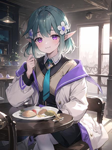 masterpiece,best quality,highres,cinematic lighting,dramatic angle,1girl,green hair,pointy ears,purple eyes,hair flower,hair ornament,necktie,medal,white jacket,black dress,white pantyhose,<lora:ShadowverseCastelle_VerdiliaV2-000013:0.8:lbw=1,0.1,0.2,1,1,0.4,0.1,0.8,0.8,1,1,1,1,1,1,1,1>,:3,chewing,at dining hall,crowd,sitting across table,foods,happy,turning head,looking at viewer,flying sweatdrop