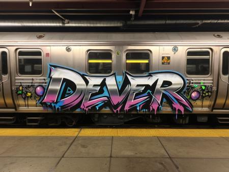 "DEVER" text logo <lora:Harrlogos_v2.0:0.69> ral-oilspill graffiti thick black outlines, chrome ral-oilspill bombing, thick lines <lora:ral-oilspill-sdxl:0.48> a new york subway train, standing in the yard in a the dark with rubbish on the floor, at night, dim light, (people with skimasks and dark clothing:2)