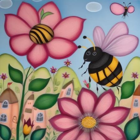 A pencil-colored drawing with black ink outline in a naive style. Visualize a chubby bumblebee, its yellow and black stripes vivid against the soft backdrop of a pink blossoming flower. The hum of its wings is almost audible as it dances from petal to petal, collecting nectar. Sunlight filters through the trees, giving the scene a golden hue, and making the bumblebee's tiny world a place of wonder.