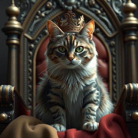 (photorealistic:1.1), realistic, 1 cat, solo, sitting on throne, wearing crown, staring at viewer, intimidating presence