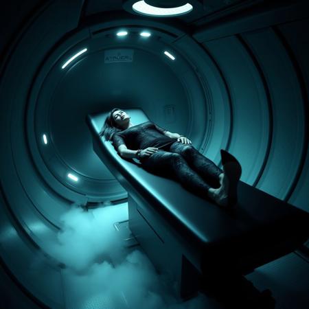 Ethereal, slender, ultra thin waist, tall, raven-haired Norwegian socialite wearing stunning black lace trouser suite and high heels, laying at reclined black examination bed inside weird alien MRT-like brainwashing machine, hand cuffed to the bed, ankles cuffed to the bed. Restrained. Looking to the camera. Eeire fog from the floor. Horror. Alien space harem mind control chamber. Sci-fi. Horror. Total recall