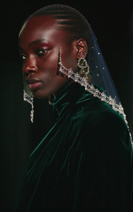 RAW photo, subject, 8k uhd, dslr, high quality, film grain, Fujifilm XT3, professional photo, (detailed skin:1.3), high quality, <lora:Beaded_Veil:0.8> , beaded veil, wearing beaded veil, hard shadows, detailed veil, gems, dramatic makeup, detailed shading, dramatic light, ((full body)), green velvet dress, raised nose, concave nose,  side, profile, dark skin,   <lora:spotlight:0.65> spotlight, shadow, silhouette, dark theme, dark shadow, high contrast,