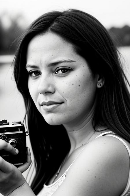The image portrays a young woman with long, dark hair holding a vintage camera close to her face, partially obscuring one of her eyes. She gazes directly into the lens with an intense, thoughtful expression. The photograph has a distinct cinematic and nostalgic aesthetic, with soft lighting, a grainy texture, and subtle color grading that gives it a vintage, film-like quality.
Subject and Composition
The subject's face is positioned slightly off-center, drawing immediate attention to her sharp and expressive features. Her dark, well-defined eyebrows frame her deep-set eyes, which are slightly shadowed, adding to the introspective mood of the image. Her lips, which are slightly parted and tinted a natural red, contrast subtly with her smooth, pale skin. Strands of hair fall loosely across her face, reinforcing the unposed, organic nature of the portrait.
The camera she holds is an older model, silver and black with a rounded lens, possibly a vintage point-and-shoot film camera. Its reflective surface catches some light, making it a noticeable focal point. Her fingers gently rest on the camera's body, showcasing her relaxed grip, suggesting familiarity and comfort with the device. The camera partially obscures her left eye, creating an artistic and symbolic interplay between the act of capturing an image and being observed.