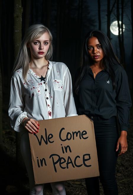 In a moonlit forest clearing, two young women in their early twenties stand in striking contrast. The first girl, with silver-white hair and a ghostly pale complexion, wears a white blouse stained with dark red splatters. Her blouse, which stretches over her prominent bust, accentuates her figure. A simple black five-pointed star on her chest is highlighted by her faintly glowing crimson eyes, adding an eerie calm to her presence.
The second girl contrasts sharply with jet-black hair and deep tan skin. Her dark blouse, also blood-stained, fits snugly around her voluptuous form. Her nearly invisible black star and intense crimson eyes shine with a piercing alertness.
The girls hold a single worn cardboard sign that reads ‘We Come in Peace,’ scrawled in crude black marker. The sign stands out starkly against the dark, eerie forest floor, illuminated by the moonlight, which casts long, shifting shadows and enhances the haunting quality of the scene.
