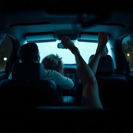 front view of car at drive-in movie, screen lighting dimly the front seat, where a 18yo couple have their heads leaning together, his arm around her shoulders, and  lighting the back seat where a woman's widespread bare legs are sticking up in the air, shoe hanging from one foot. pov: movie screen facing car. 
, very detailed, detailed eyes,  high detailed texture, realistic, photorealistic, perfect eyes, real life realistic,  detailed background,