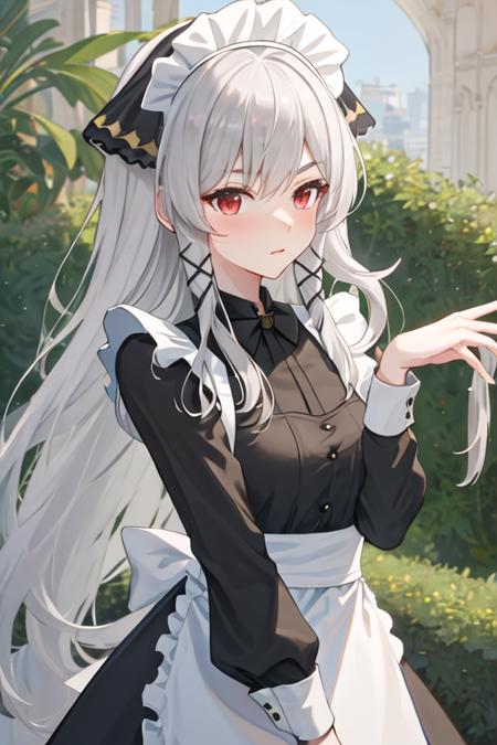 best quality, masterpiece, highres, solo, {maid:1.40}, {long maid dress:1.15}, {weedy_arknights:1.15}, long_hair, bangs, red_eyes, grey_hair, upper_body, white_hair, very_long_hair, hair_ornament