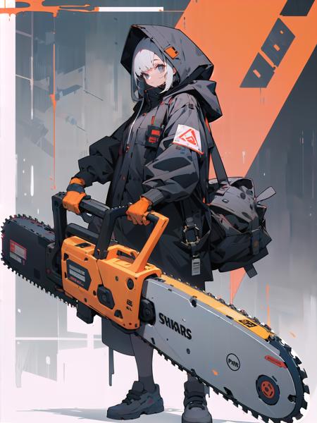 absurdres, highres, ultra detailed,
1girl,oversized hooded jacket,full body,
holding mechanical chainsaw,
 <lora:weapon_v01:0.7>