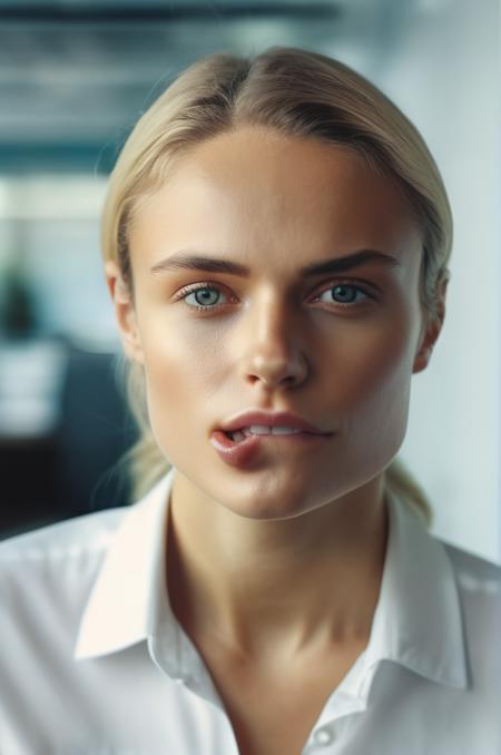 portrait photo of an 20 years old european blonde haired woman sitting in office,  \(biting her lips\) , 8k, uhd, realistic, detailed skin, insane detailed, Illumination daylight,  <lora:makeup_050_cosine_iter2_ 0012_sdxl_10epoches_adafactor-step00006200:1.2>,