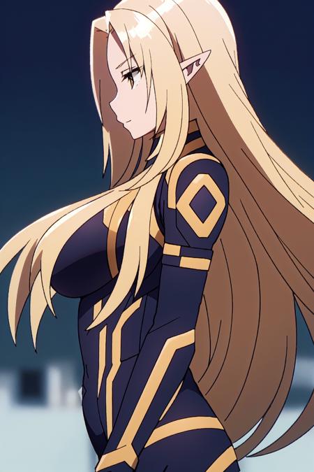 alph, black-yellow bodysuit, 1girl,  solo,  long hair,  pointy ears,  blonde hair,  breasts,  bodysuit,  from side,  profile,  large breasts
high quality, best quality, ultra detailed, masterpiece, <lora:EMS-55222-EMS:0.800000>