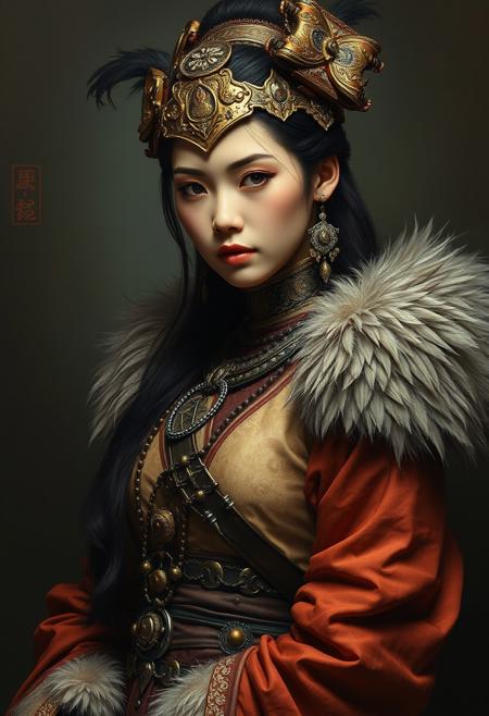 Chinese female warrior princess, Alexander McQueen fashion costume, fur, feathers, metal, leather, damask fabric, top soft light, dark environment, highly detailed, melancholic, Oil painting 
in the Style of Gerald Brom, soft light, hyper clean stroke, (Oil painting style)))