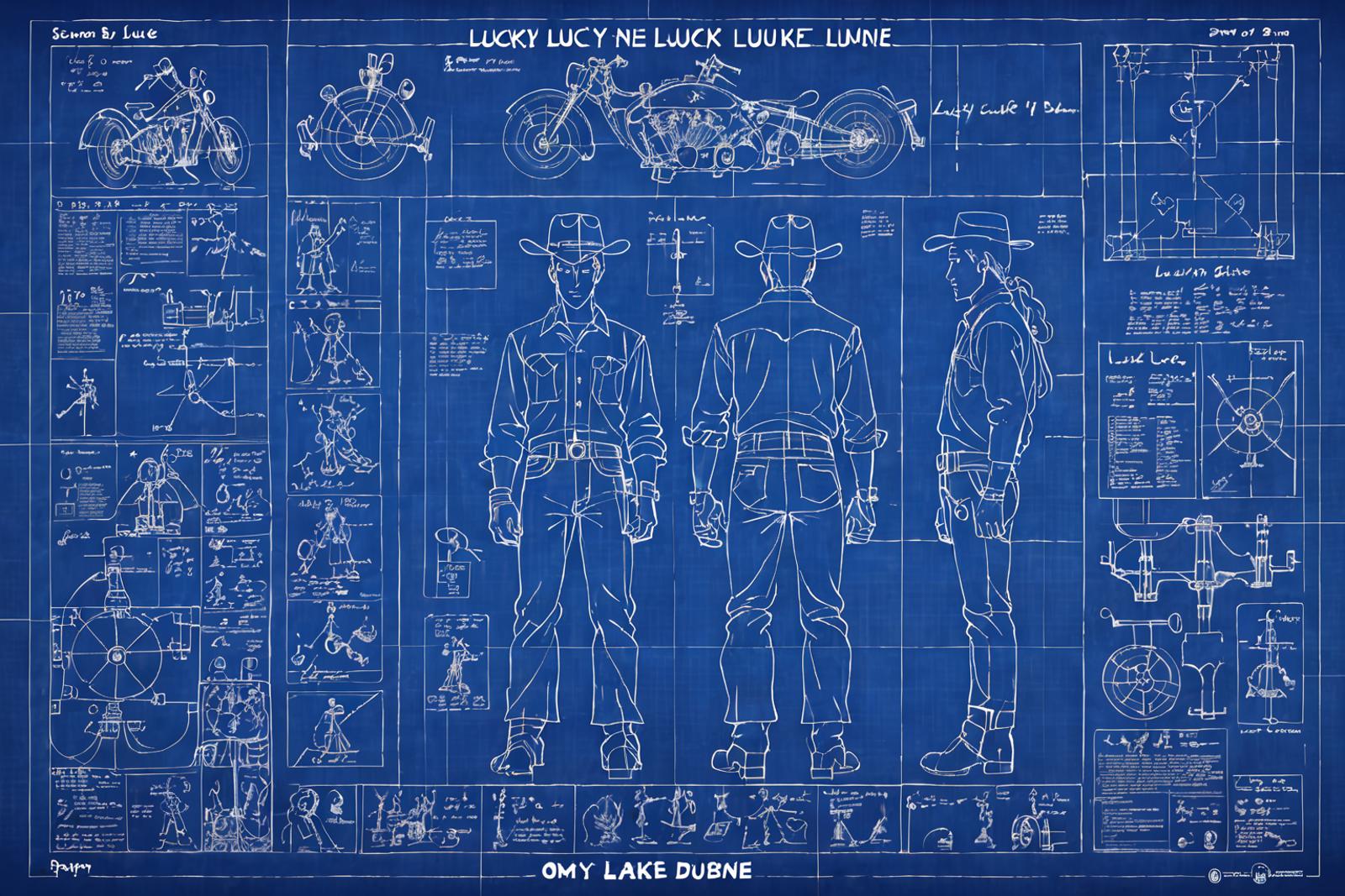 A blueprint of a man wearing a cowboy hat and a shirt.