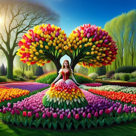 jaynl-tm, made of tulips, A fair-skinned woman stands in the heart of her home garden, surrounded by breathtaking scenery in a flower fantasy world. She wears a full-sleeve fairy dress made entirely of multicolored tulip petals—each petal vibrant and soft, layered in flowing patterns of red, yellow, pink, purple, and white. The delicate sleeves ripple in the breeze, blending seamlessly with the lush garden around her. Tulips of every hue bloom endlessly at her feet, forming a sea of color beneath a bright and beautiful sky, where the sun casts a golden glow over the land. Rolling meadows, flowering trees, and distant hills paint the background in soft, dreamy tones. Birds sing from blooming branches, butterflies dance in the air, and a gentle wind carries the sweet scent of flowers. She stands serenely, a radiant vision of nature’s magic and grace—completely at home in this vivid, fairytale-like garden sanctuary, Masterpiece level quality, soft lighting, bright lighting, sharp focus, fine details, high quality, precise, high resolution, 4k, 8k,