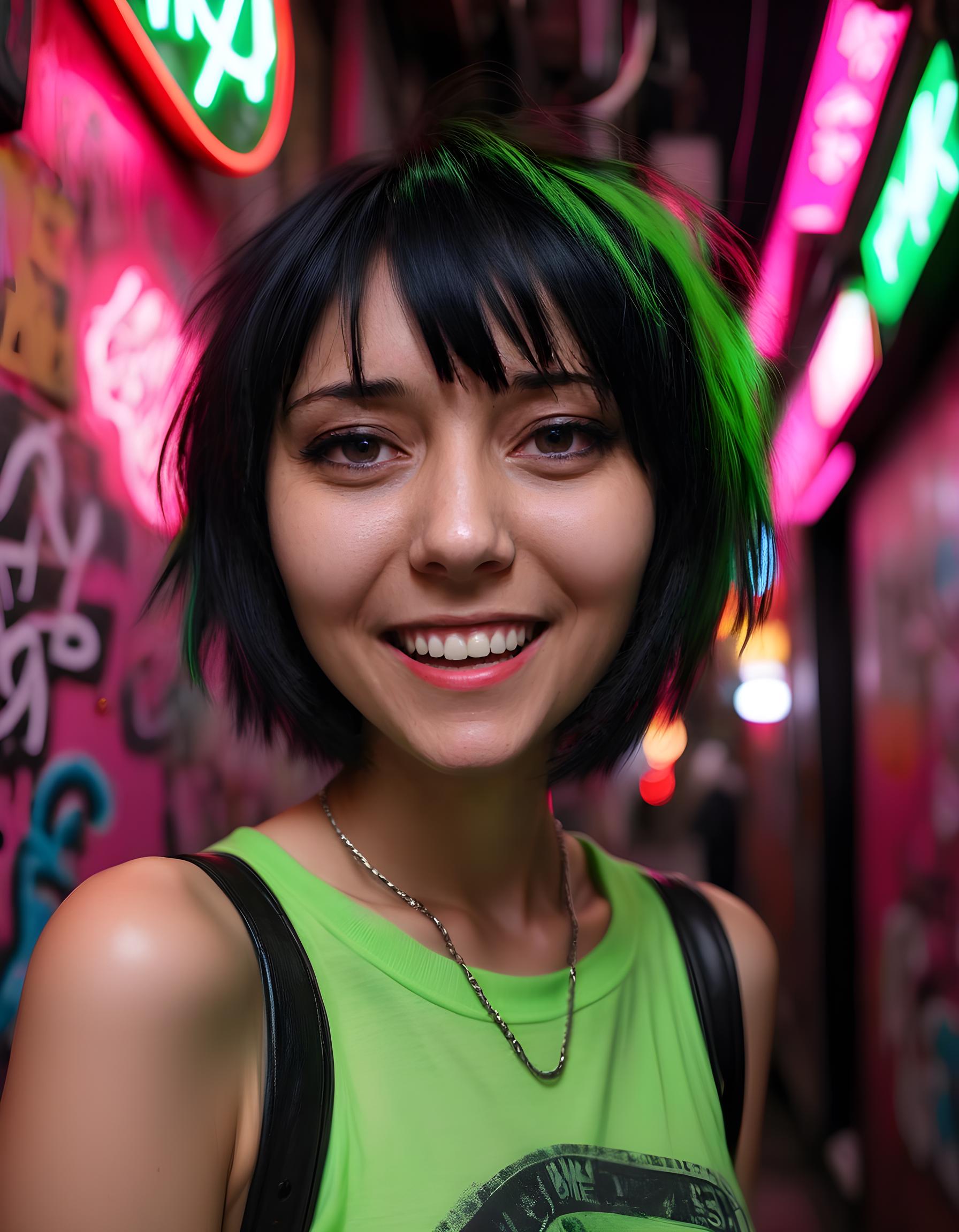 In a grungy, neon-lit underground punk bar in the heart of Tokyo's Shibuya district, a woman with black hair, styled in an asymmetrical bob cut and adorned in a distressed, neon green jul14n4c shirt, poses confidently with a playful smile that reveals her perfectly white teeth. Her lips are glossy and painted a vibrant shade of red, drawing attention to her captivating gaze. The camera is angled slightly above, capturing her from the chest up, with a shallow depth of field that keeps the background blurry, focusing on the bright pink neon signs and graffiti-covered walls behind her. The image exudes a raw, rebellious energy, embodying the spirit of punk culture while maintaining a touch of playful irony.