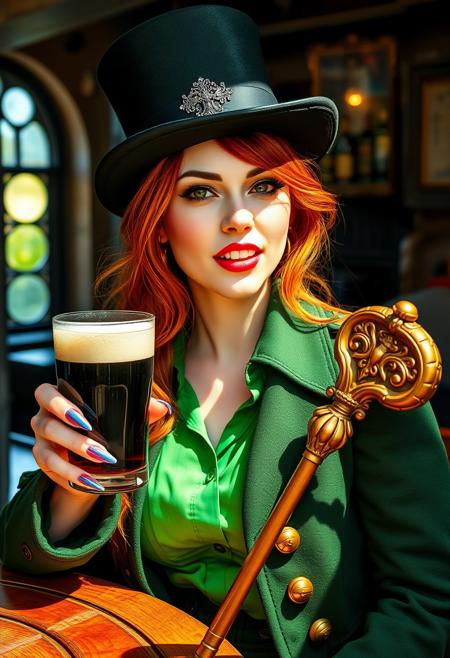 a feminine clurichaun, copper hair, drinking a pint of stout, in a country pub, fangs, Brightly coloured long finger nails, translucent green shirt, green military coat gold buttons Epaulettes, sunshine, large ornate shillelagh, top hat