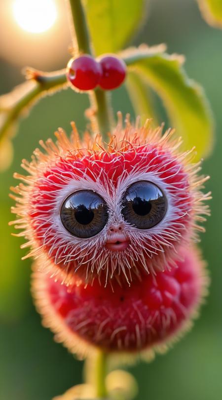 Fuzzy berry with eyes and tiny feet, clinging to the vine, macro view, straight, sunrise light.
