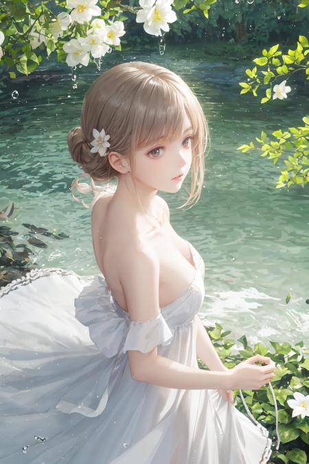 1girl,(low_angle),water spray, leaf,flowers,forest,droplets,sea,droplets, white dress,best quality ,masterpiece, illustration, an extremely delicate and beautiful, extremely detailed ,CG ,unity ,8k wallpaper,GRASS,  hair flower, cute,scene depth,bare arms, holding flower, collarbone,<lora:åç:0.4>