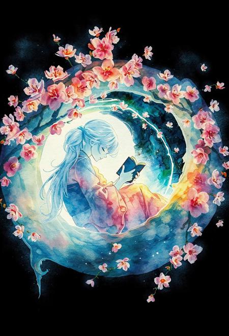 JNANX,luminous white silhouette,cyan glow,emerald highlights,flickering outline,dreamlike movement,rippling colors,drifting embers,infinite black background,psychedelic colors,ethereal,futuristic surrealism,gw,glowing,night,night sky,trippy,
"A delicate watercolor illustration of a 26-year-old woman curled up in the center of a cherry blossom spiral, reading a book, surrounded by swirling petals and flowing ink textures, soft lighting, peaceful expression, dynamic composition, Japanese art style, elegant and emotional