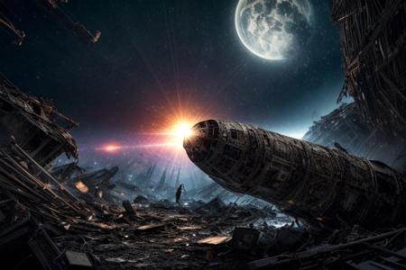 An elegant spaceship glides through debris in space after a battle, surrounded by the wreckage of destroyed spacecraft, view from below, suspenseful atmosphere, ultra realistic, hyper detailed, sci-fy, cinematic lighting, highlights, gritty atmosphere, RAW, (realistic photo, best quality, detailed), (8k wallpaper), (cinematic lighting, dramatic lighting), (sharp focus, intricate), zzspczz