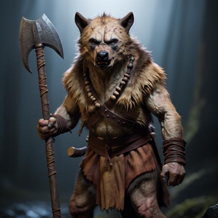 highly detailed documentary photo of gnoll:1.3,

solo,  male focus, teeth, holding axe,

masterpiece, best quality:1.1, 

ultra photoreal, photorealistic:1.0, sharp focus:1.1, 
depth of field:1.1, 

50mm, style of Nathan Wirth, Hasselblad X1D II, Porta 160,
