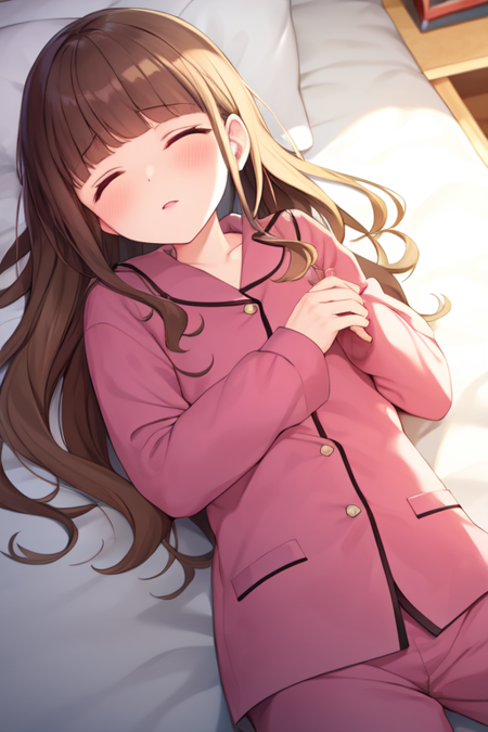 hiramitsuhinata, long hair, hair down, sleeping, pajamas