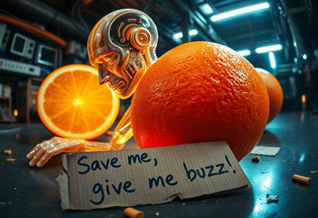 “Plastic Man morphing into an orange, blending human and fruit features with intricate high-technology details. His body exhibits glossy, translucent plastic textures merging seamlessly with the vibrant, textured orange peel. Random, glowing, fancy spots illuminate the scene, resembling futuristic bio-luminescence. A rotten piece of cardboard lies in the foreground, damp and crumpled, with bold, messy handwriting that reads: ‘Save me, give me buzz!’ The setting is an abstract, high-tech environment, filled with mechanical and organic elements. Rendered with cinematic prime lens effects, using a fisheye 12mm perspective for dramatic distortion and dynamic depth, showcasing surrealism with stunning visual clarity.”