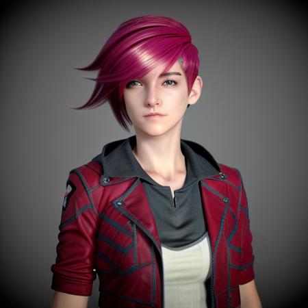 arcanevi, a woman with medium short pink hair wearing a red leather jacket, female face, unreal engine character art <lora:ArcaneVi-000021:1>