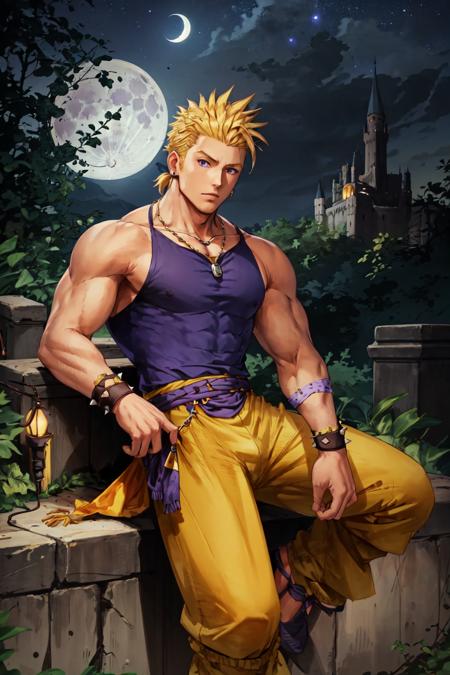 SabinReneFigaro yellow pants, purple muscle shirt,blonde hair, spiked hair, wristband, necklace