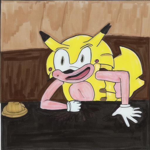 A cartoon drawing of a Sonic the Hedgehog character sitting at a table.