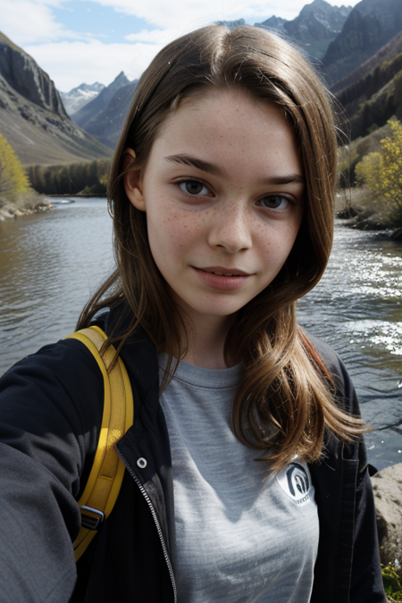 IdaRaun, ((selfie)) photo, serious look, outdoors, mountains, wearing a backpack, sweater, hiking jacket, rocks, river, wood, analog style, (look at viewer:1.2), (skin texture), close up, cinematic light, sidelighting, Fujiflim XT3, DSLR, 50mm