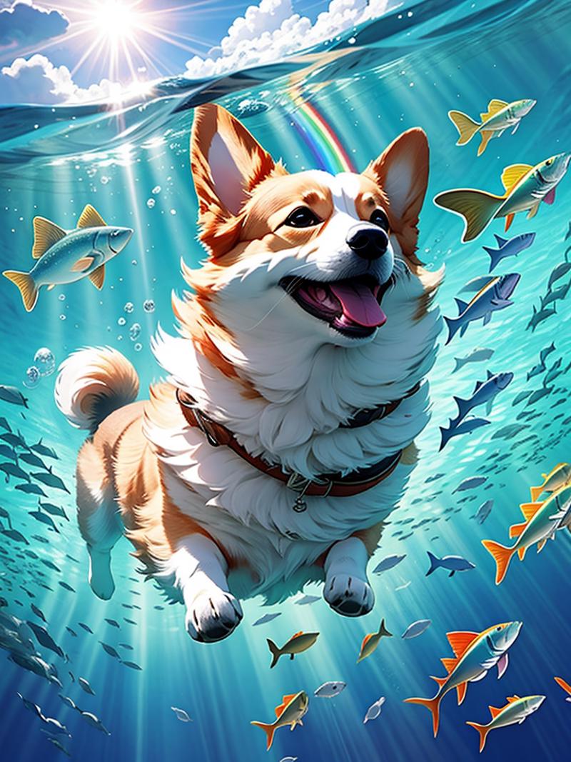 Master works, high quality, film quality, a dog, corgi, flying in the sky, with sun goggles,underwater scene, clouds, rain...