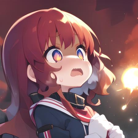 <lora:hawawa:1>, hawawa, 1girl, sweatdrops, wavy mouth, outdoors, looking at viwer, forhead, red hair, big red moon, back lighting, night, low angle, upper body, explosion background, spark, wavy mouth, open mouth, hands up,, ultra_detailed:1.2