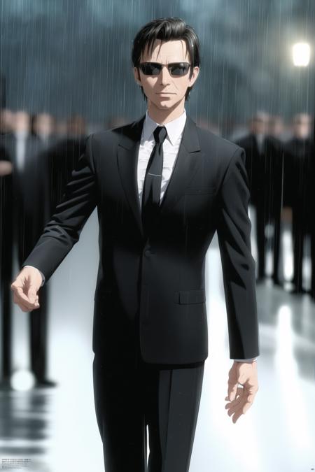 (Night:1.7), in the Heavy rain ,outdoors, water drop, wet,
Standing at attention,in front of a group of people in suits,
Black_suit,Black_jacket,shirt,sunglasses,
<lora:Agent_Smith_Matrix-KK77-V1:0.5>,Black_tie,<lora:lelouch_Code_geass-KK77-V1:0.5>,
Black_hair,Short_hair, blue_eyes,forehead,facial hair,(With_no_beard:1.3),
1 old_Man, 50yo,male,looking at viewer,
official art,extremely detailed CG unity 8k wallpaper, perfect lighting,Colorful, Bright_Front_face_Lighting,
(masterpiece:1.0),(best_quality:1.0), ultra high res,4K,ultra-detailed,
photography, 8K, HDR, highres, absurdres:1.2, Kodak portra 400, film grain, blurry background, bokeh:1.2, lens flare, (vibrant_color:1.2)