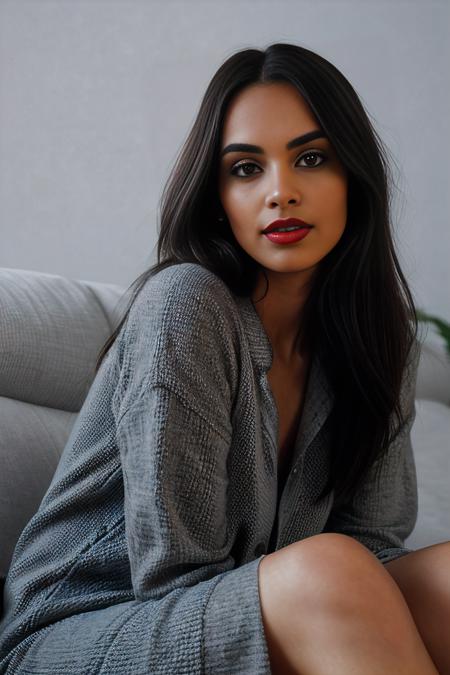 a realistic photograph of beautiful (C4ryn41:1.1) woman sitting on a couch,wearing a (gray dress),facing the viewer,portrait,(perfect long hair),(red lipstick),simple background,rich details,hyper realistic,intense,highly detailed,face_focus,looking_at_viewer,PA7_Portrait-MCU,<lora:C4ryn41_06B-000002:0.9>,