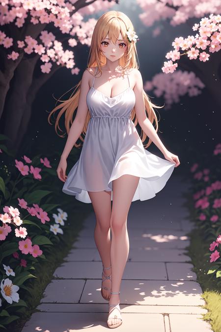 1girl, solo, walking, full body,
blonde hair, long hair, hair flower,
brown eyes,
white dress, sundress, collarbone, cleavage, sleeveless, bare shoulders,
nature, cherry blossom, flowers, volumetric lighting, soft lighting, light particles,