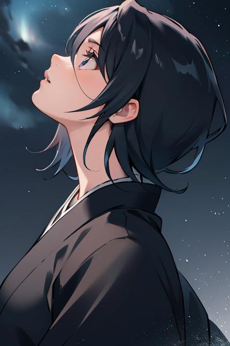 masterpiece, best quality, <lora:rukia-nvwls-v1-000010:1> kuchikirukia, black robes, sash, night sky, profile, looking up, portrait