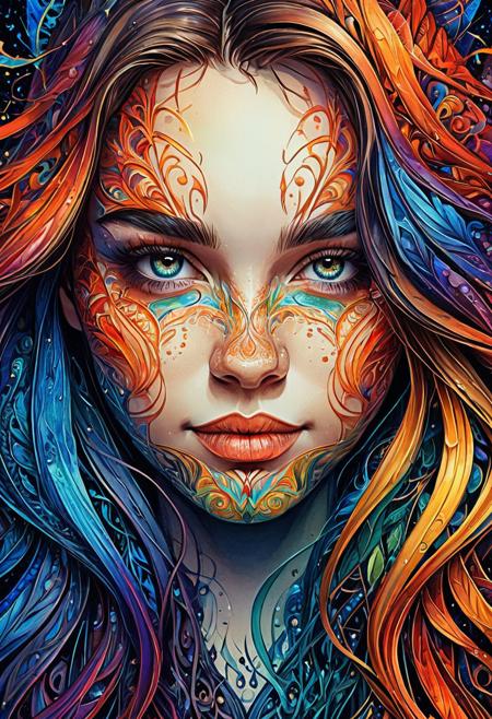 Finely detailed vector illustration, beautiful girl, close-up of face, confident smirk, ultra realistic quality, interwoven pattern, gradient background, hyperdetailed, intricately detailed,  triadic colors,fantastical,intricate detail,splash screen,complementary colors, fantasy concept art, 8k resolution, masterpiece, watercolors, broad strokes, fading strokes