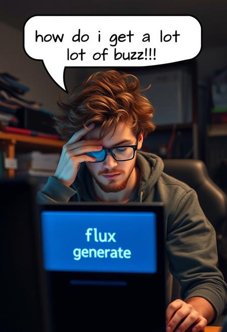 Photorealistic, a tech nerd with messy curly hair is rubbing his face, his screen reading 'flux generate'. His room is dark and cluttered. A speech bubble above his head reads, "how do i get a lot of buzz!!"