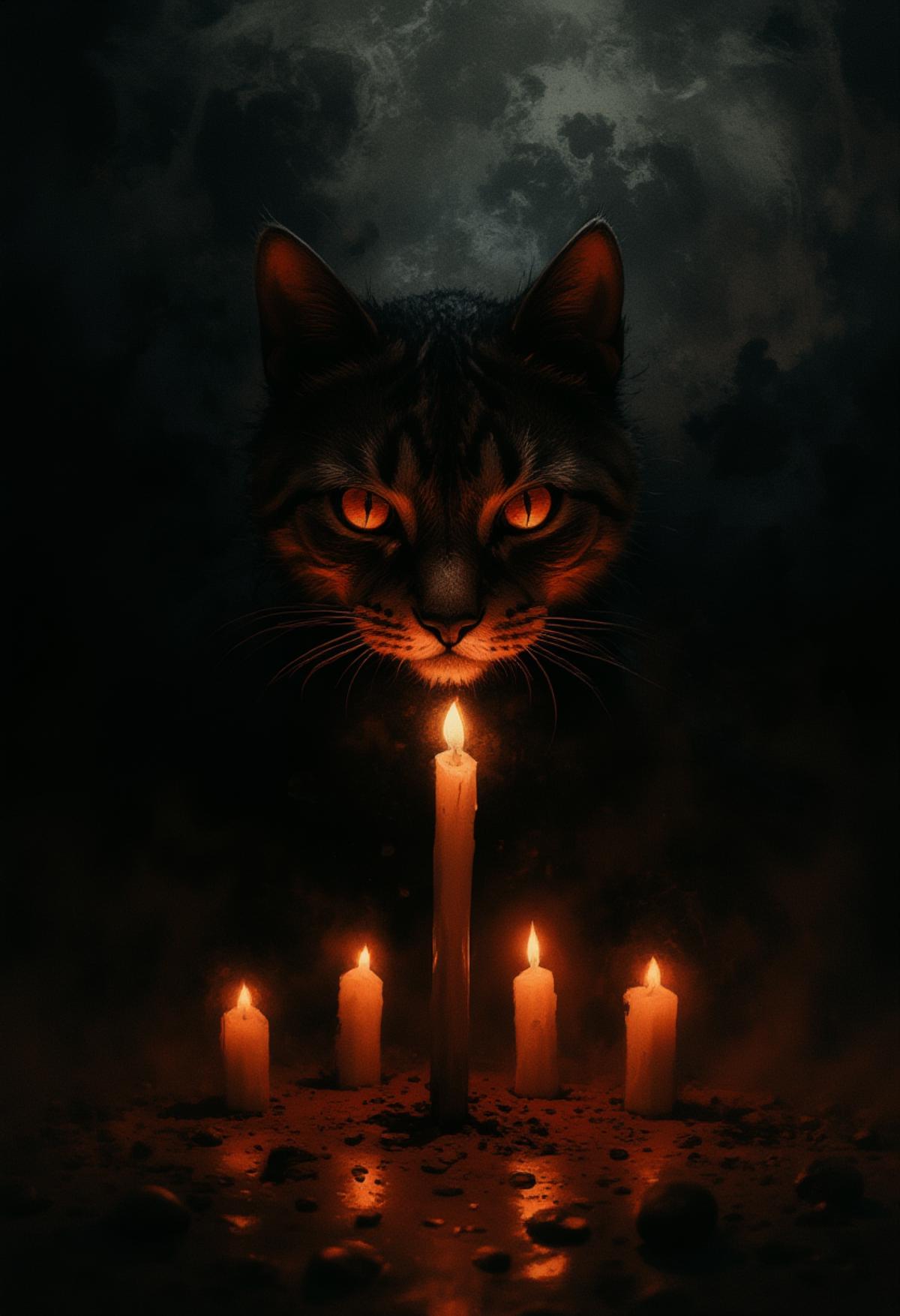 an unstoppable force hitting an immovable cat, abstract artwork and atmospheric dramatic composition, candles glowing.   dark   <lora:AssassinKahb_flux_kappa:1> <lora: - Flux1 - vanta_black_V1.0:.9>